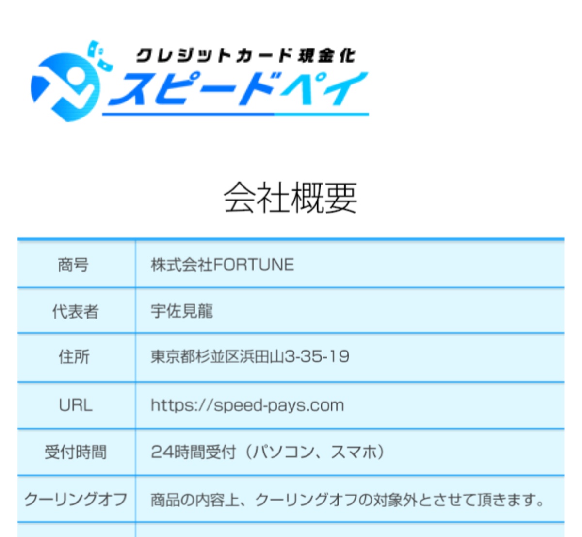 スピードペイ公式サイトの会社概要ページ